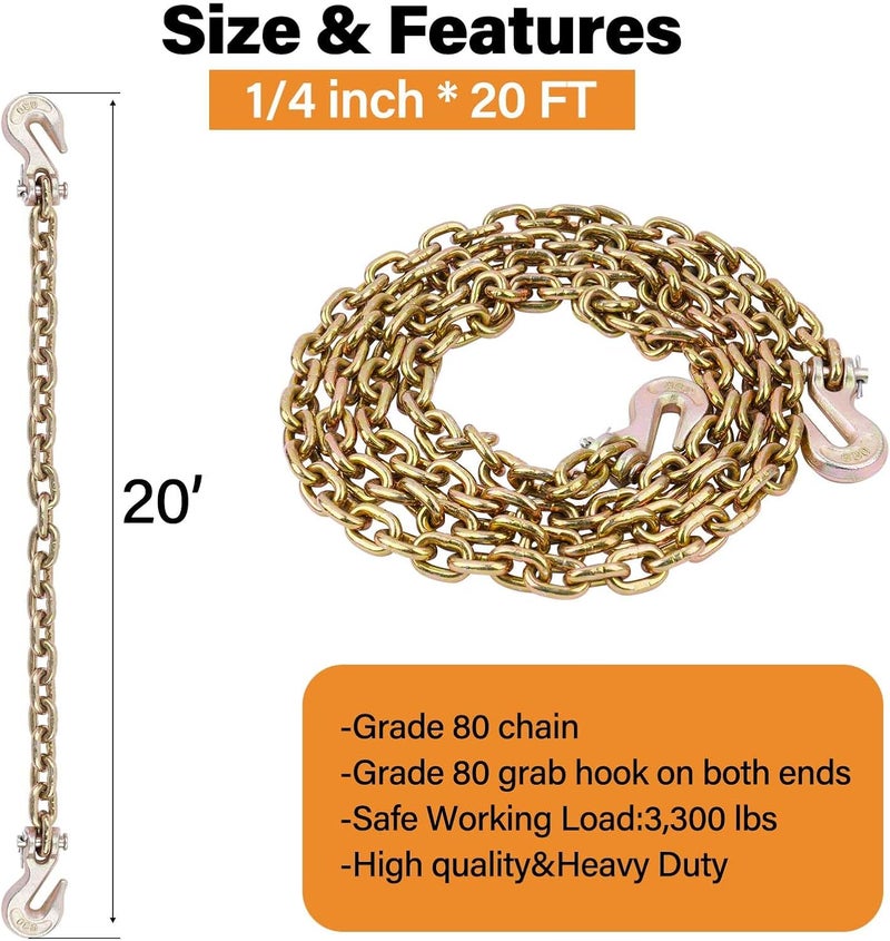 Lechansen 1/4" Tow Chain Grade 80, Transport Binder Chain 1/4 Inch × 20 FT, G80 Grab Hook Heavy Duty, 3,300 lbs Working Load Safety Logging Chains for G80 Binders Tie Down - Image 2